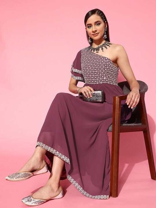 Designer Embroidered One Shoulder Indian Dress For Women M / Grey
