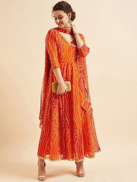 Bandhani Printed V-Neck Anarkali Ethnic Maxi Dress with Dupatta L Bandhani Printed V-Neck Anarkali Ethnic Maxi Dress with Dupatta L