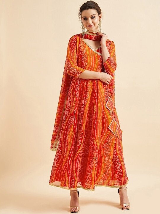 chinese dress ladies Bandhani Printed V-Neck Anarkali Ethnic Maxi Dress with Dupatta L