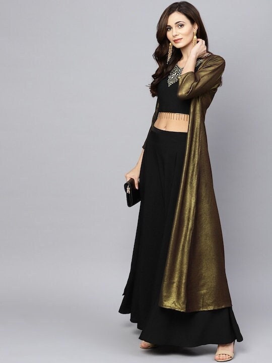Women Black And Golden Solid Top with Skirt Ethnic Jacket