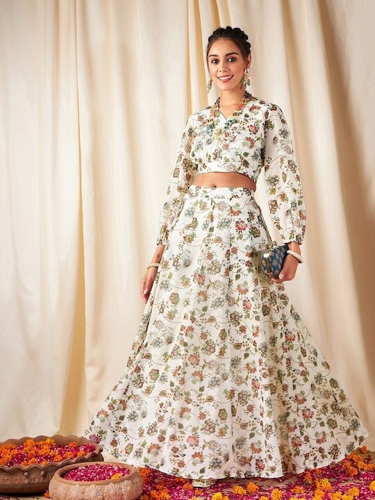 Designer Indian Crop Top With Skirt Set Floral Lehenga Choli