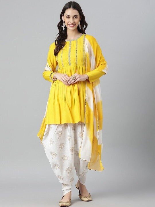 Women Yellow Ethnic Motifs Yoke Design Pleated Peplum Kurti with Dhoti Pants & with Dupatta M