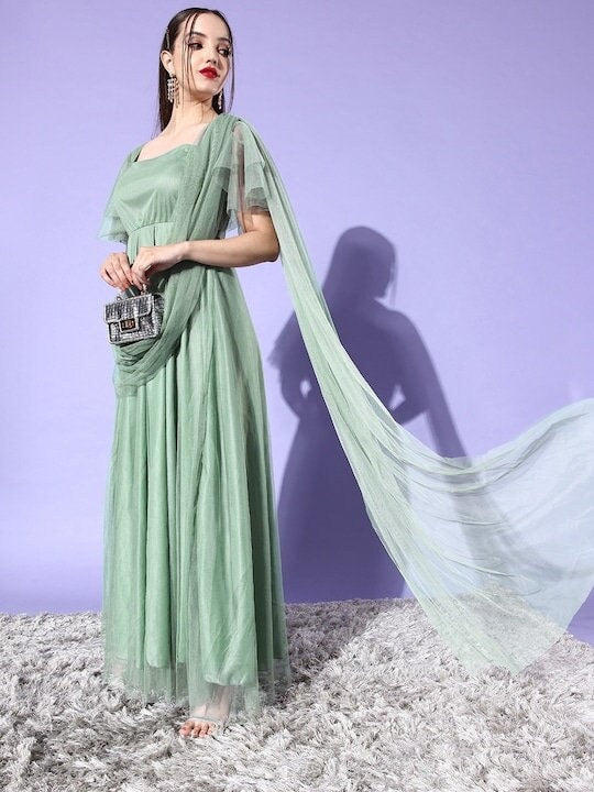 Solid Green Anarkali Ethnic Maxi Dress with Attached Dupatta L