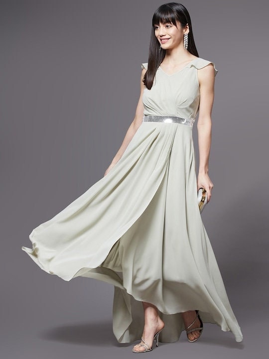 Women Solid Green Georgette Maxi Dress XL Women Solid Green Georgette Maxi Dress XL
