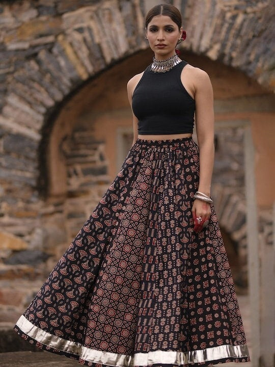 Women Printed A-Line Flared Cotton Maxi Skirt Lehenga