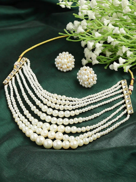 Gold-Plated Pearl Beaded Choker Necklace & Earrings VitansEthnics