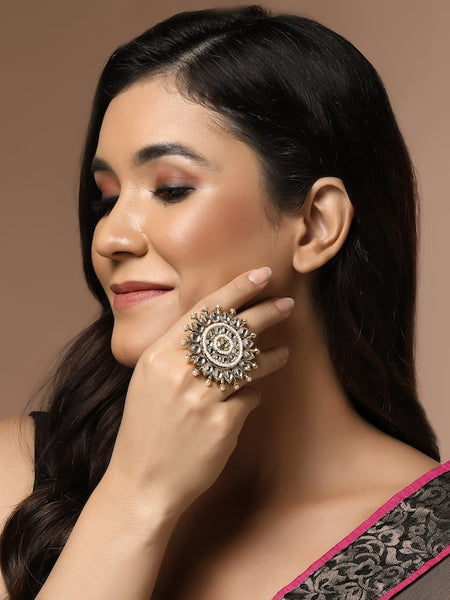 Gold-Plated Kundan-Solitaire Studded Pearl Beaded Finger Ring VitansEthnics
