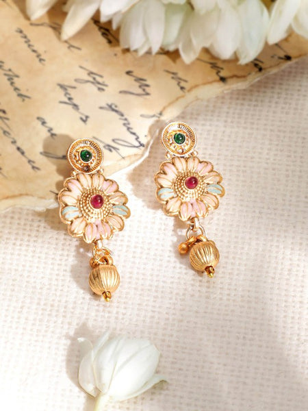 Luxury 22KT Gold Plated Brass Red and Green Stone Studded Floral Jewelry Set VitansEthnics