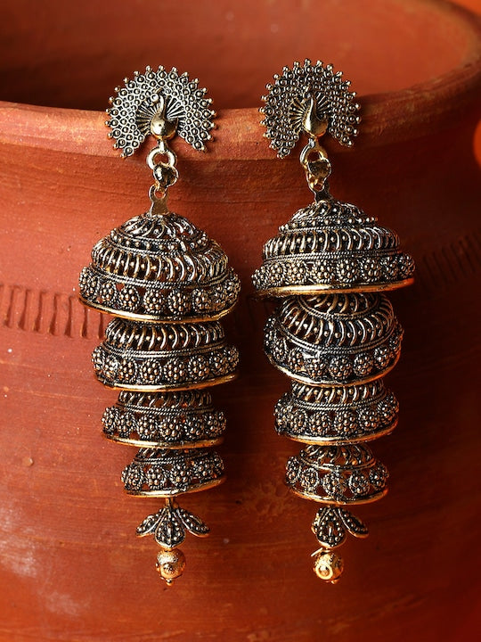 Black & Gold-Plated Enamelled Dome Shaped Jhumka Drop Earrings VitansEthnics