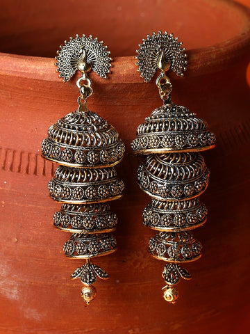 Black & Gold-Plated Enamelled Dome Shaped Jhumka Drop Earrings VitansEthnics