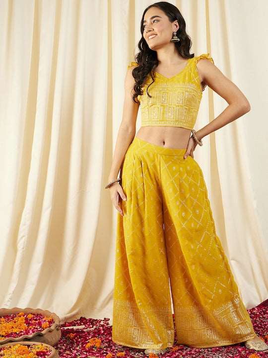 Crop Top With Pleated Palazzo Pants Set vitansethnics