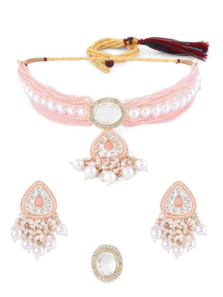 Gold-Plated Kundan-Studded & Multistrand Beaded Jewelry Set VitansEthnics
