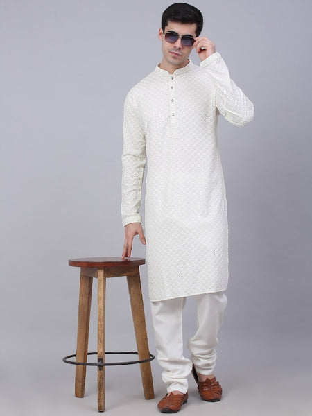 Men White Geometric Sequin Embroidered Kurta VitansEthnics