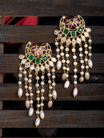 Gold-Plated Green AD Studded Crescent Shaped Drop Earrings VitansEthnics