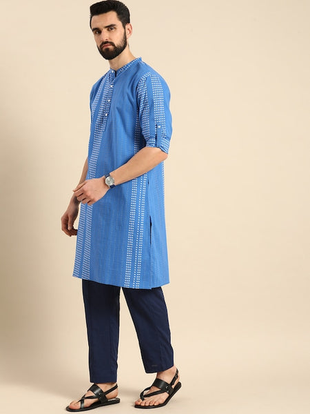 Men Blue Bandhani Printed Pure Cotton Kurta VitansEthnics