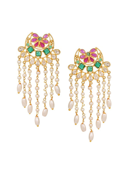 Gold-Plated Green AD Studded Crescent Shaped Drop Earrings VitansEthnics