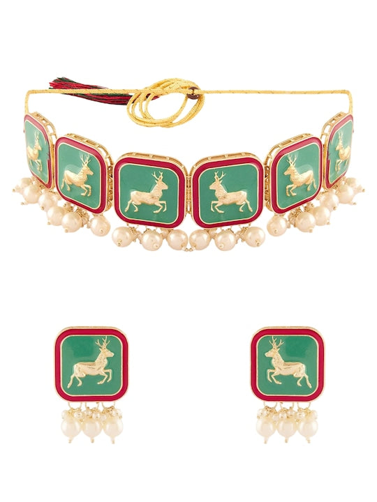 Gold-Plated Beaded Reindeer Meenakari Choker Jewellery Set VitansEthnics