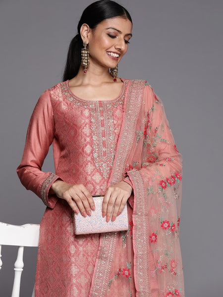 Women Peach Coloured Floral Embroidered Kurta with Trousers & Dupatta