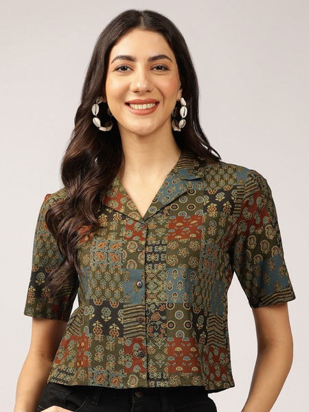 Ethnic Printed Cuban Collar Pure Cotton Shirt Style Indian Top, Pure Cotton Indian Top, Indian Blouse For Women, Indian Crop Shirt VitansEthnics