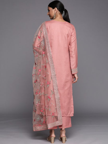 Women Peach Coloured Floral Embroidered Kurta with Trousers & Dupatta