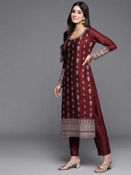 Ethnic Motifs Embroidered Sequinned Kurta with Trousers & Dupatta