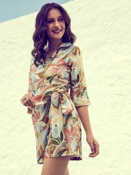 Cream-Coloured & Teal Printed Jumpsuit VitansEthnics