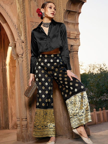 Satin Shirt With Self Design Brocade Palazzo For Women | Indo western Fusion Outfit VitansEthnics