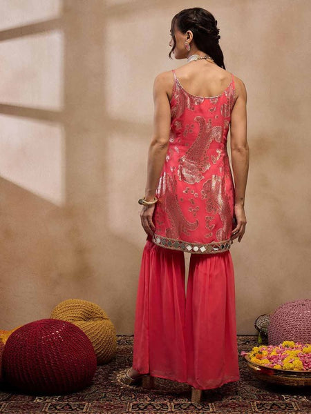 Sleeveless Woven Kurta With Sharara Pants Set VitansEthnics