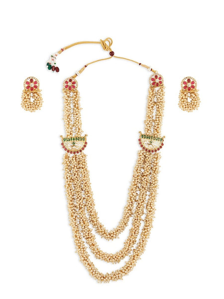 Gold-Plated Pink & Green Stone-Studded & Pearl-Beaded Jewellery Set VitansEthnics