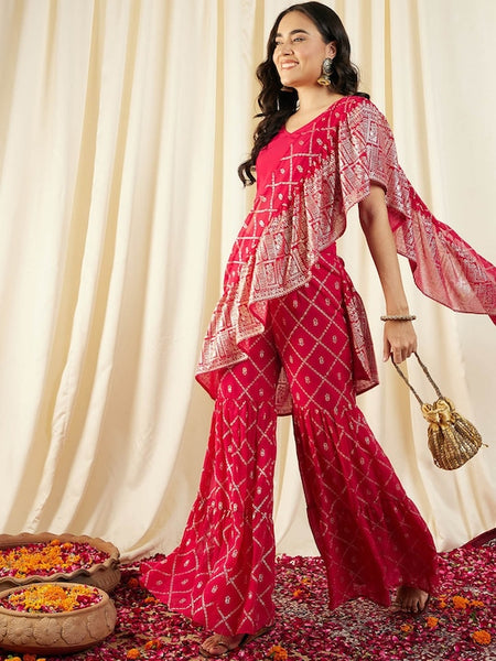 Printed Crop Top with Sharara & Attached Dupatta For Women | Ready to wear Sharara Pant Saree VitansEthnics
