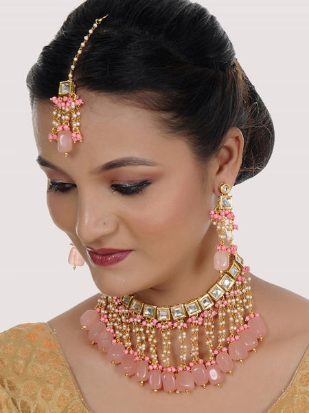 18k Gold-Plated Pink Kundan-Studded & Beaded Jewellery Set VitansEthnics