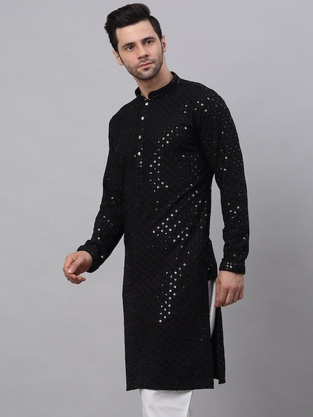 Men Black Geometric Sequin Embroidered Kurta VitansEthnics