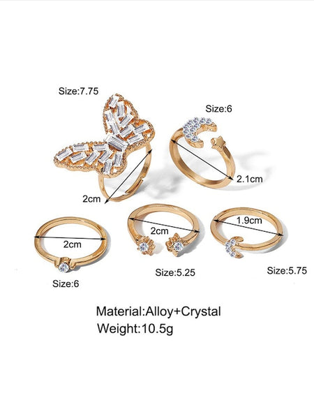Set Of 5 Gold-Plated White Stone-Studded Butterfly Finger Ring VitansEthnics