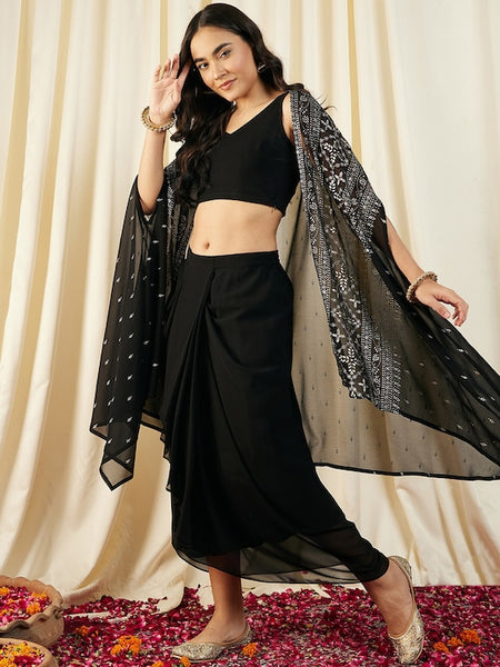 Women Crop Top With Draped Skirt And Shrug set VitansEthnics