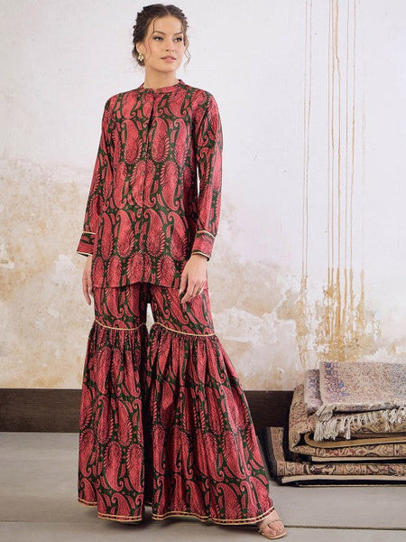 1Long Sleeves Mandarin Collar Kurta with Sharara For Women, Palazzo Kurti Set, Coord Set, Indo Western Outfit, Sharara Suit Kurti Set VitansEthnics