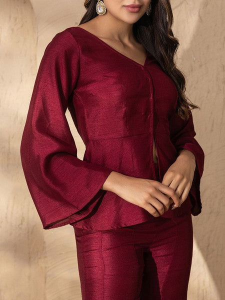 V Neck Slit Front Peplum Top With Palazzo Coord Set VitansEthnics