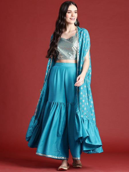 Printed Crop Top With Sharara Pants & Shrug Set for Women, Coord Set, Festival Outfit Ethnic Indian Dress, Wedding Guest Indo Western Outfit1 VitansEthnics