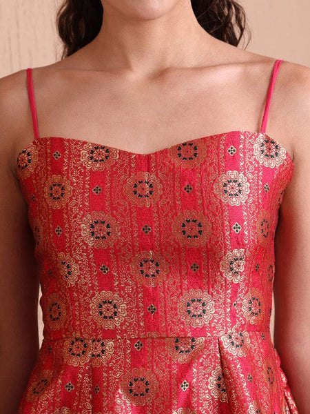 10Ethnic Motifs Jacquard Backless Fit & Flare Midi Dress For Women, Sleeveless Indian Dress, Indo Western Outfit, Fusion Wedding Guest Outfit VitansEthnics
