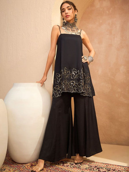 Floral Sequin Embroidered A-Line Kurti with Palazzo For Women, Co-Ords Set, Indo Western Outfit, Ethnic Indian Dress, Fusion Suit Set1 VitansEthnics