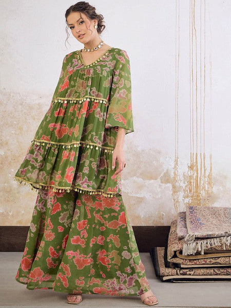 5Printed Sequin Embellished Flared Kurti with Palazzo For Women, Co-Ords Set, Indo Western Outfit, Ethnic Indian Dress, Fusion Suit Set VitansEthnics