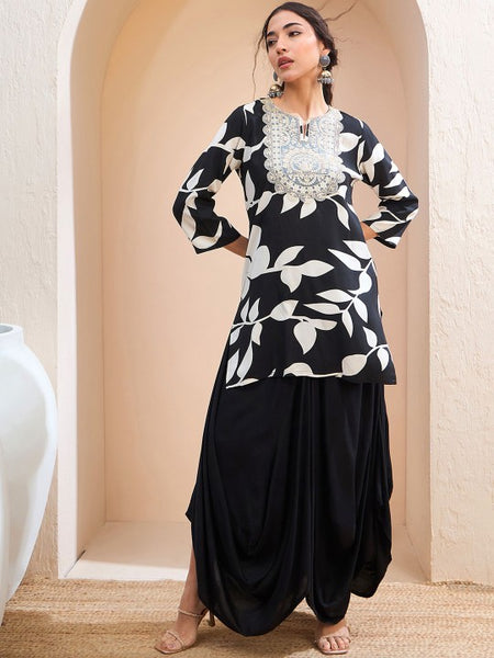 Floral Embroidered Patchwork Kurti With Dhoti Pants Set