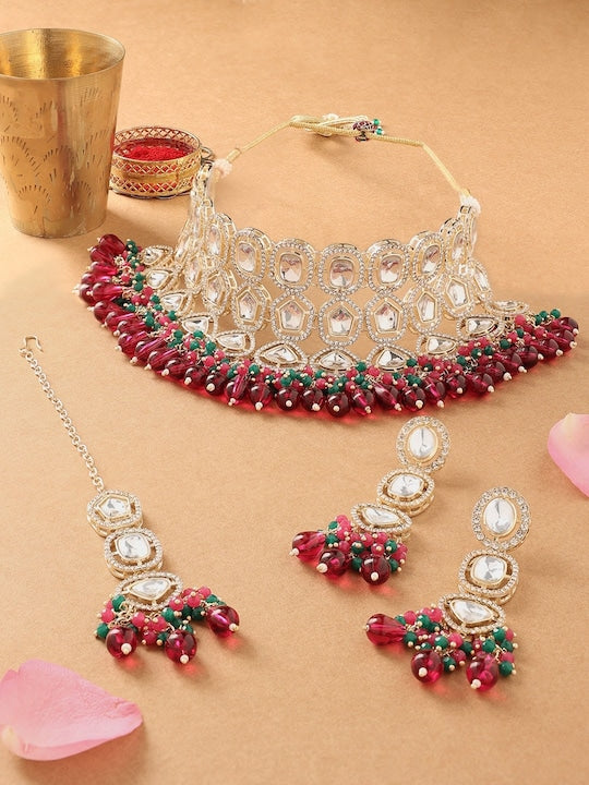 Gold Plated Crystal Studded & Beaded Jewellery Set VitansEthnics