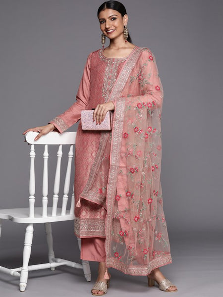 Women Peach Coloured Floral Embroidered Kurta with Trousers & Dupatta