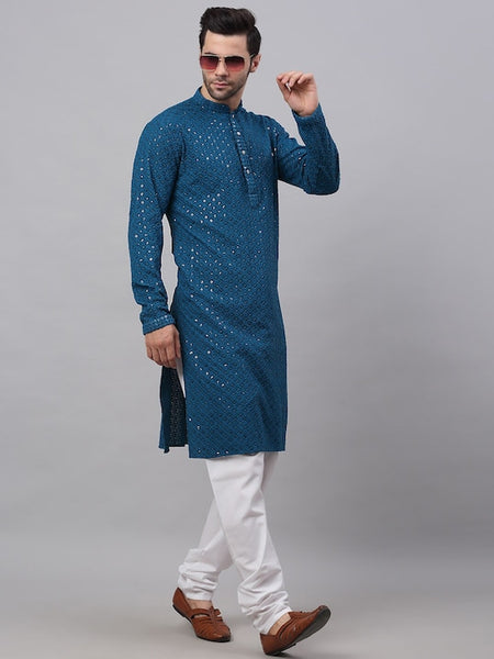 Men Teal Geometric Sequin Embroidered Kurta VitansEthnics