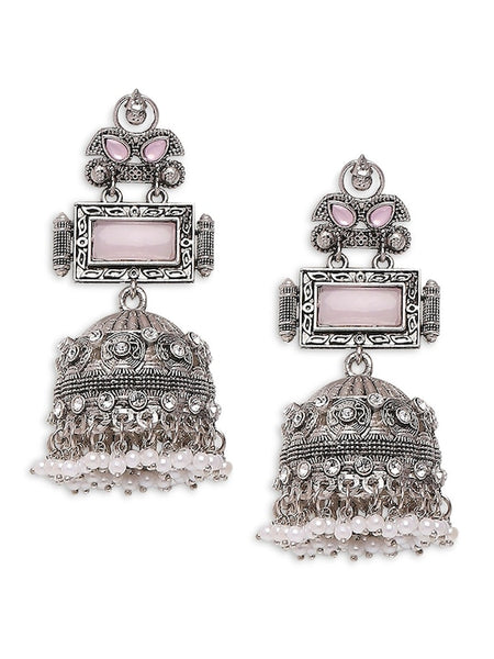 Beaded Dome-Shaped Oxidised Jhumka Drop Earrings VitansEthnics