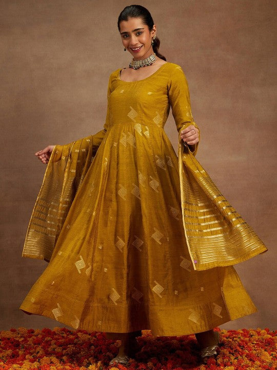 Mustard Yellow Woven Design Chanderi Silk Kurta with Palazzos & Dupatta