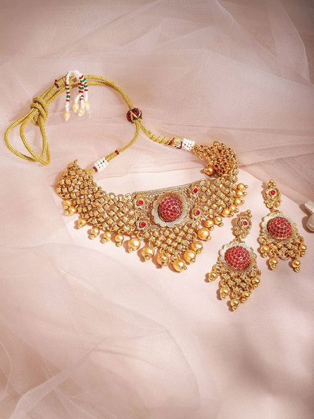 22K Gold Plated Pink Stone Studded & Gold Beaded Choker Necklace Set VitansEthnics