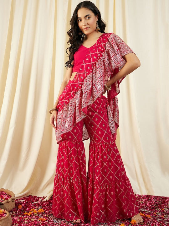 Printed Crop Top with Sharara & Attached Dupatta For Women | Ready to wear Sharara Pant Saree VitansEthnics