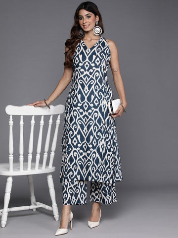 Women Navy Blue Ikat Printed Pure Cotton Sleeveless Kurta with Palazzo Set VitansEthnics