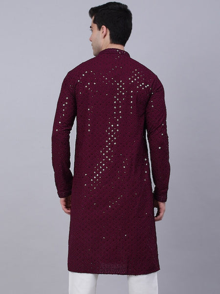 Men Wine Geometric Sequin Embroidered Kurta VitansEthnics
